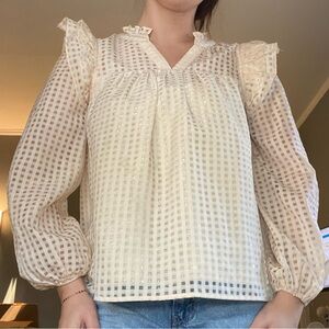Elegant Cream Checkered Ruffled Blouse